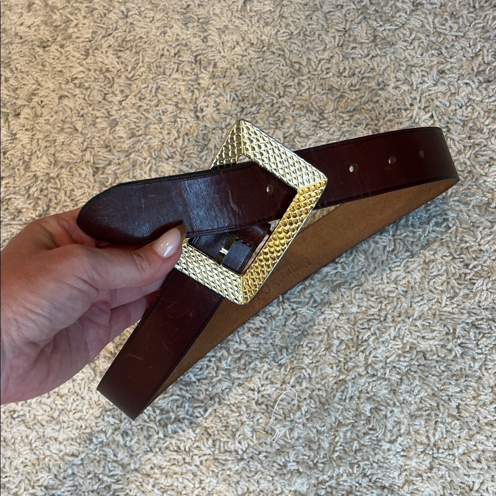 J. Crew Dark Brown Leather Belt with Gold Square Buckle - Picture 1 of 1